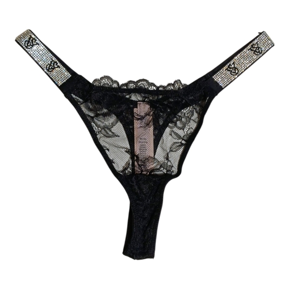 VS Black Silver Bling Rhinestone Shine Strap Rose Lace Thong Panty Small NEW - Picture 2 of 11